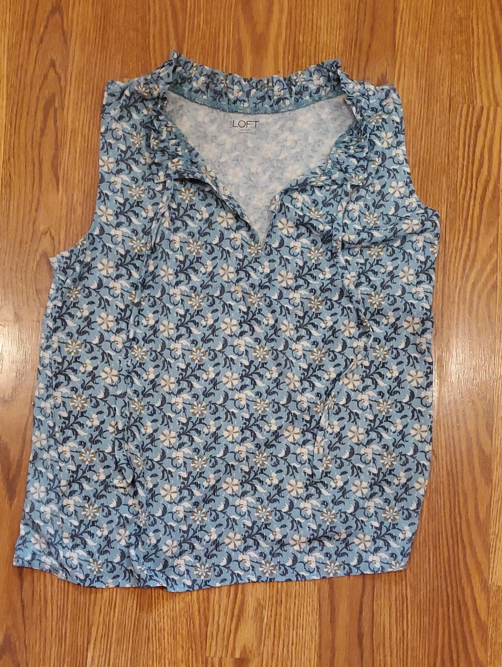 LOFT Light Blue Floral Ruffle V-Neck Sleeveless Top
